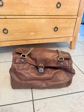 Versace Collection Bronze pearlized leather chain flap shoulder bag